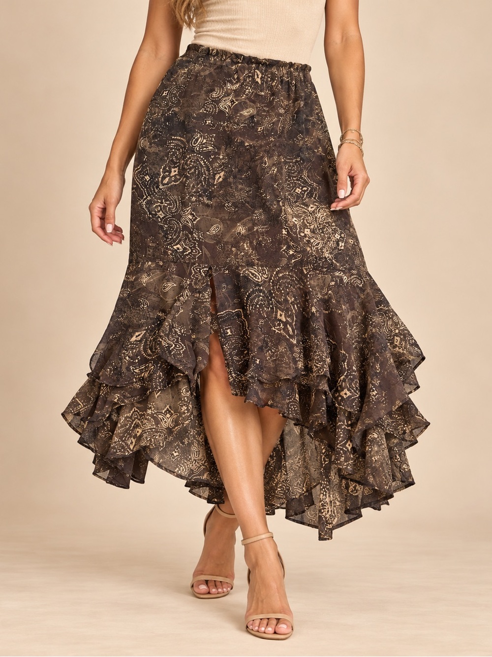 Chico’s Design 100% Silk Brown Paisley Ruffle Midi Skirt Vintage Y2K Boho